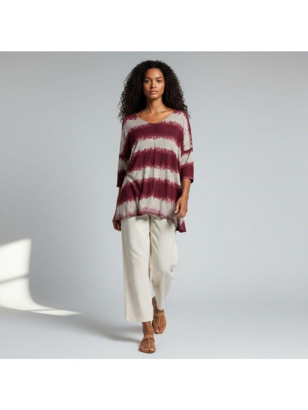 Umgee Red & Cream Tie-Dye Swing Top 3/4 Sleeve Size S Lightweight Knit Boho